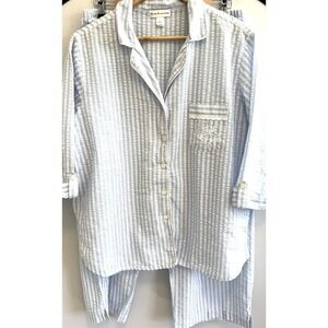 Miss Elaine Pajama Set  Large Blue White Striped Seersucker Lace Trim Cotton Pjs